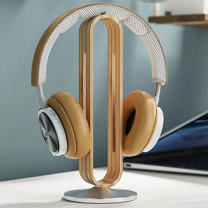 Wooden Headphone Stand – Metal Accent Desk Holder