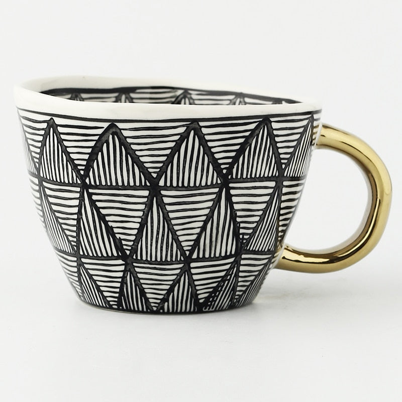 Geometric Pattern Mug with Gold Handle Coffee Cup