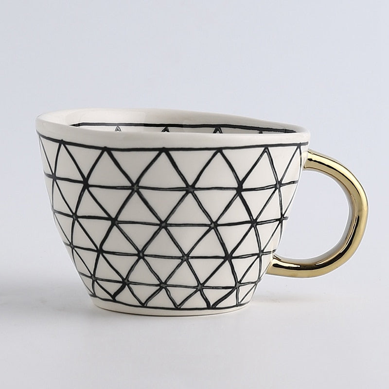 Geometric Pattern Mug with Gold Handle Coffee Cup