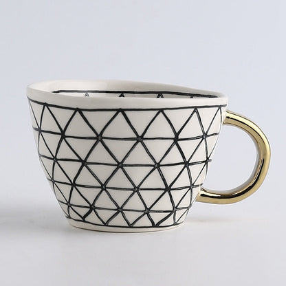 Geometric Pattern Mug with Gold Handle Coffee Cup