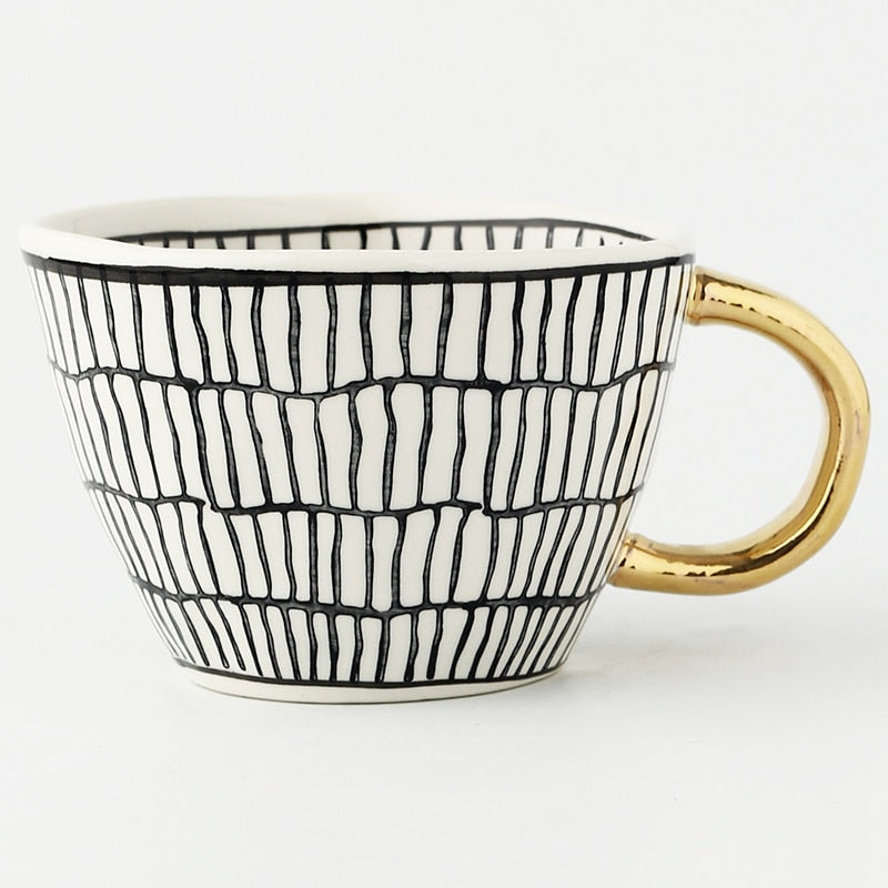Geometric Pattern Mug with Gold Handle Coffee Cup