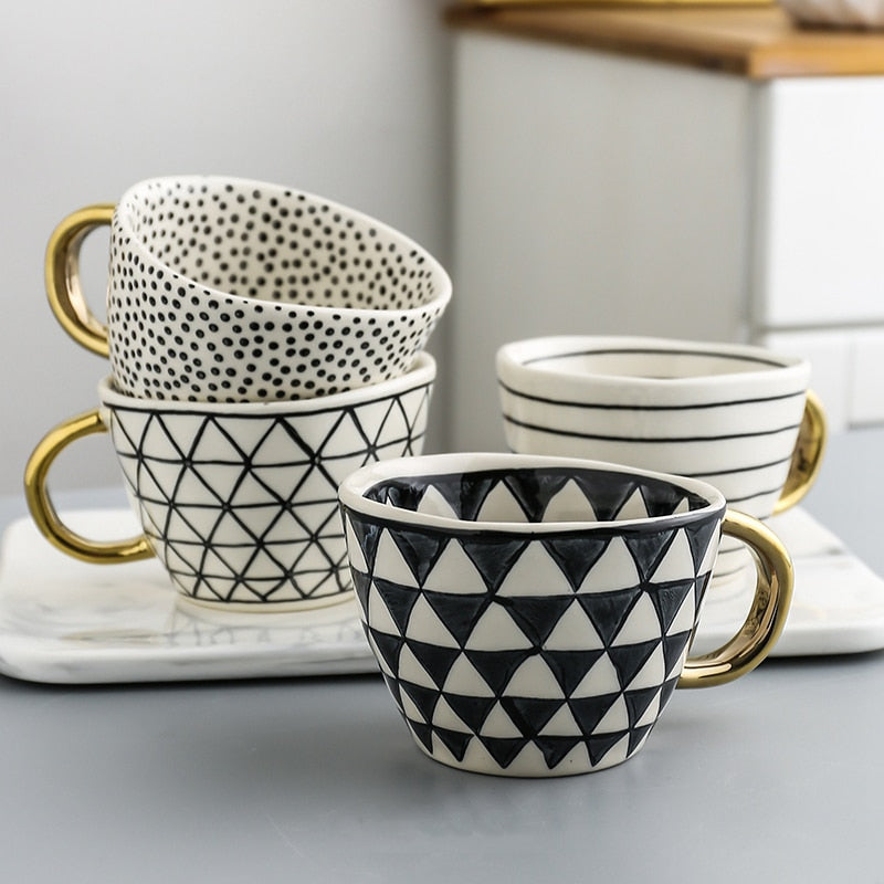 Geometric Pattern Mug with Gold Handle Coffee Cup