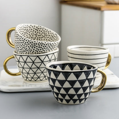Geometric Pattern Mug with Gold Handle Coffee Cup
