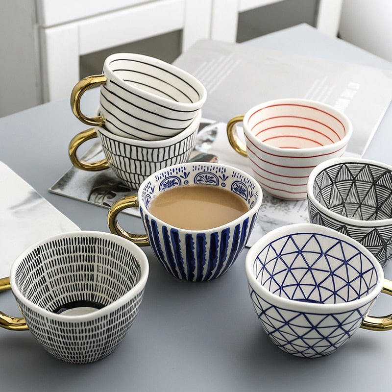 Geometric Pattern Mug with Gold Handle Coffee Cup
