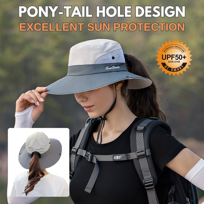 Wide Brim Sun Hat with Ponytail Hole – UV Protection