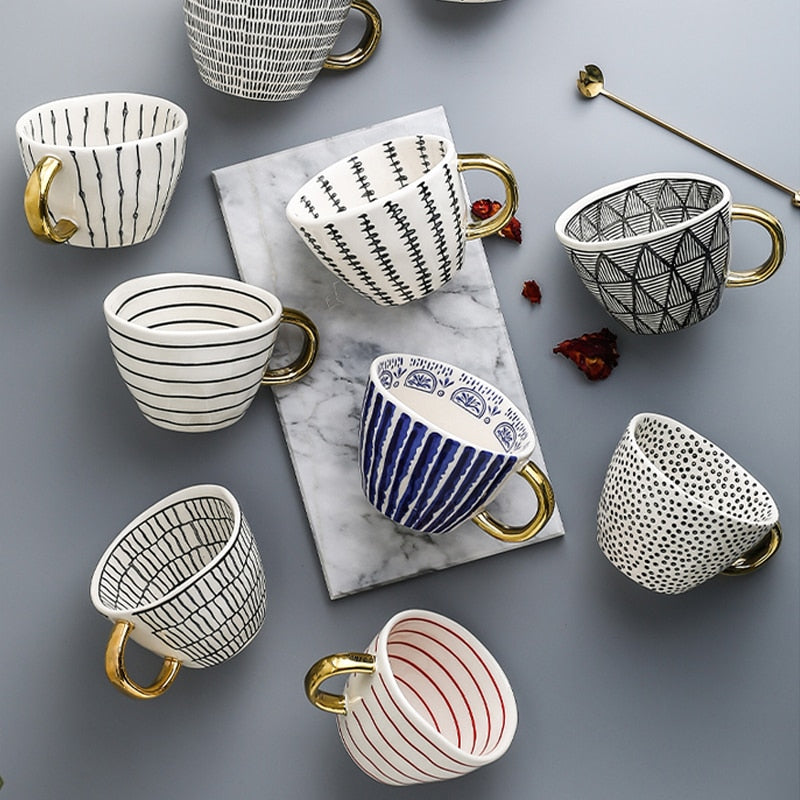 Geometric Pattern Mug with Gold Handle Coffee Cup