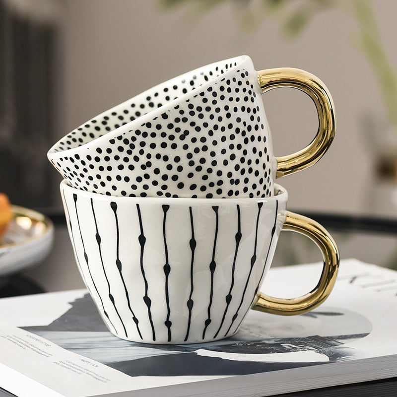 Geometric Pattern Mug with Gold Handle Coffee Cup
