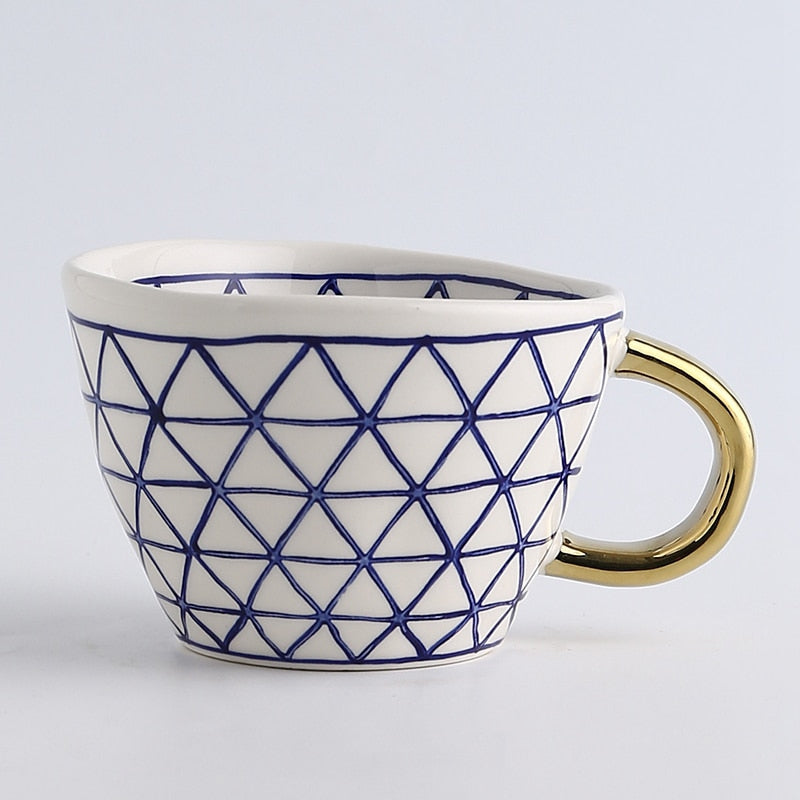 Geometric Pattern Mug with Gold Handle Coffee Cup
