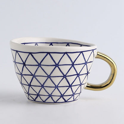 Geometric Pattern Mug with Gold Handle Coffee Cup