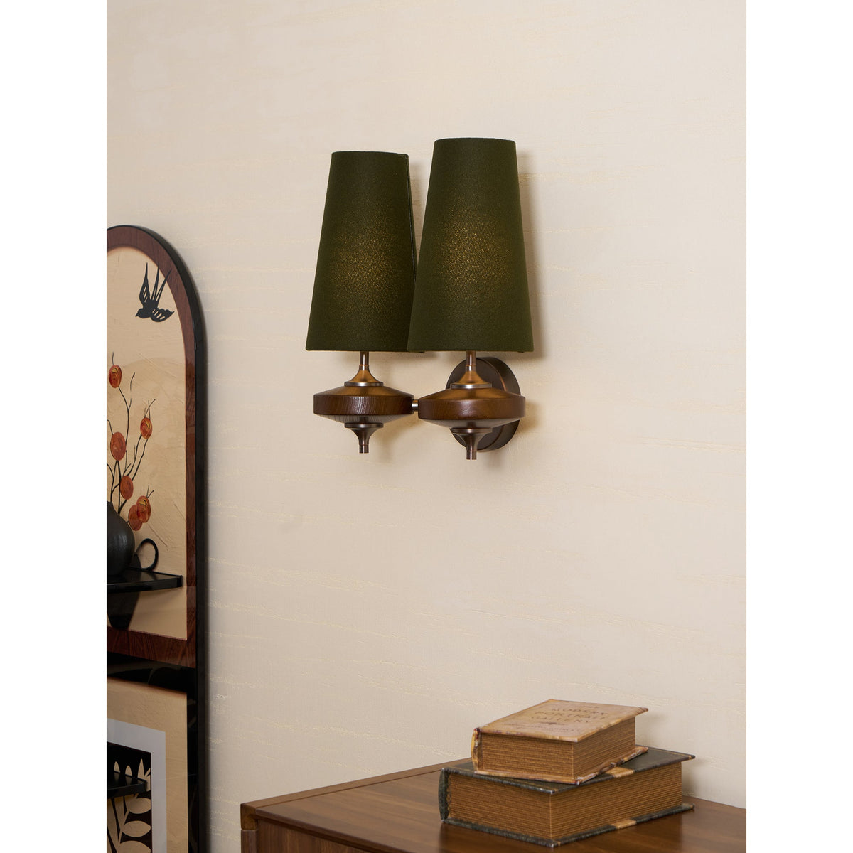 Walnut and Brass Wall Lamp with Linen Shade – image 32