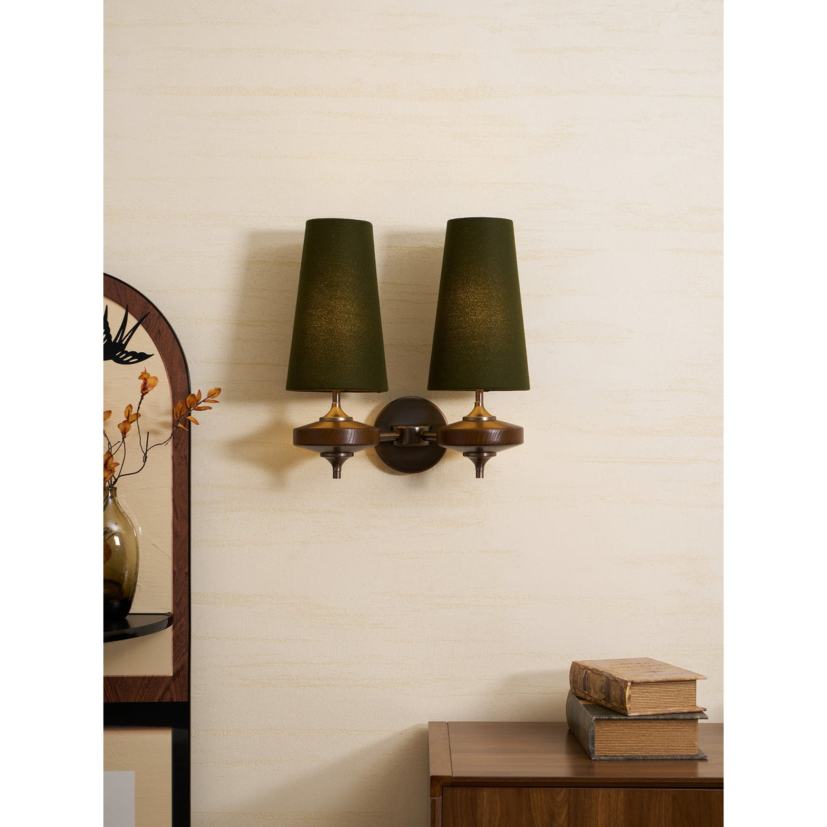 Walnut and Brass Wall Lamp with Linen Shade – image 33