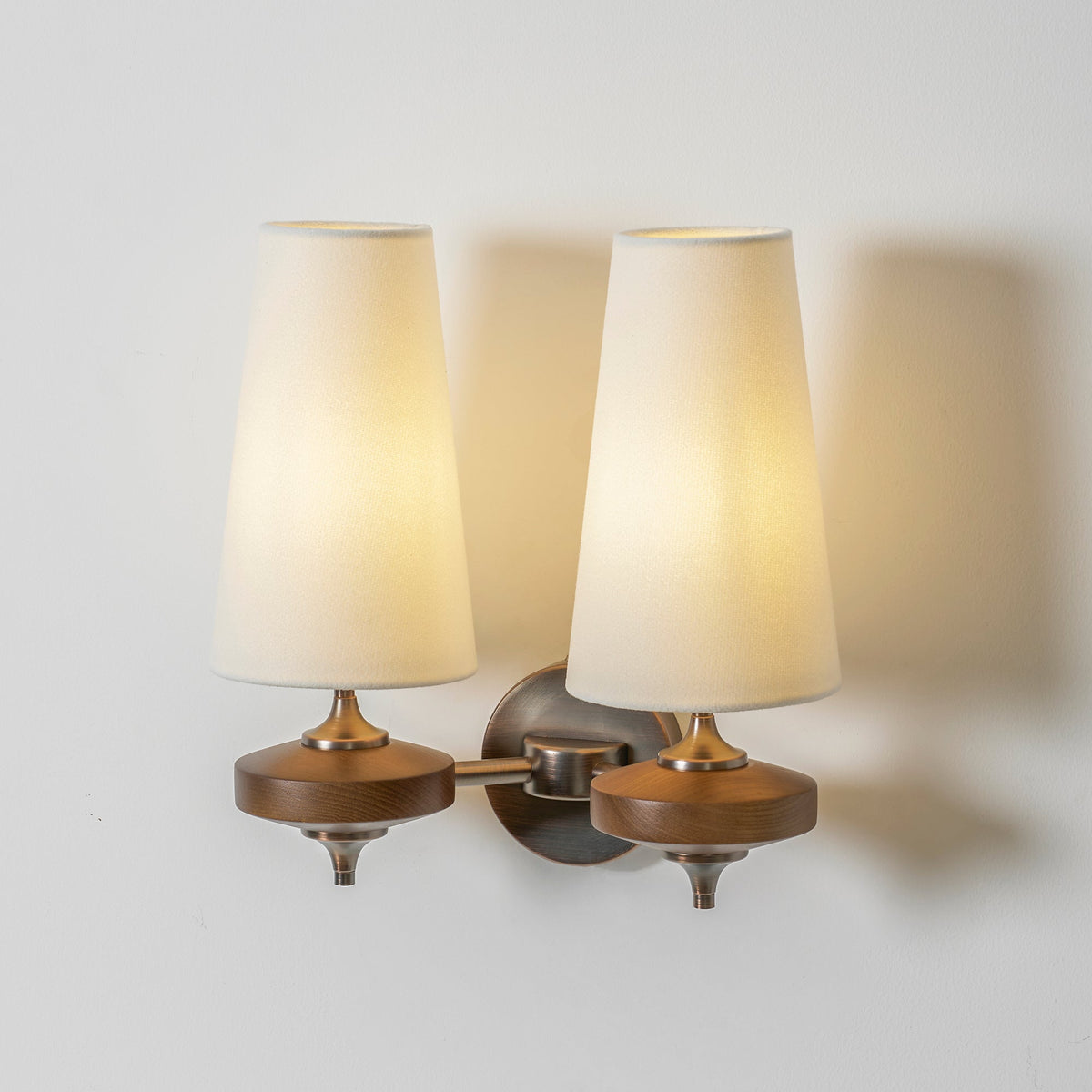 Walnut and Brass Wall Lamp with Linen Shade – image 29