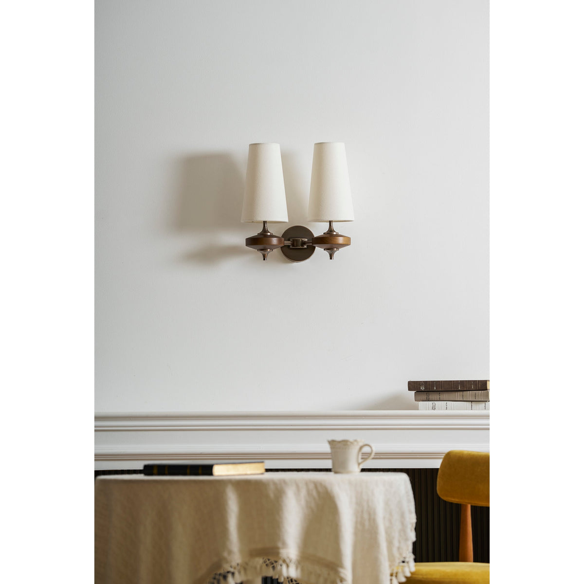 Walnut and Brass Wall Lamp with Linen Shade – image 28