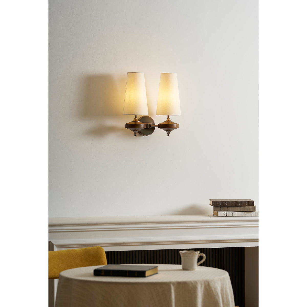 Walnut and Brass Wall Lamp with Linen Shade – image 27