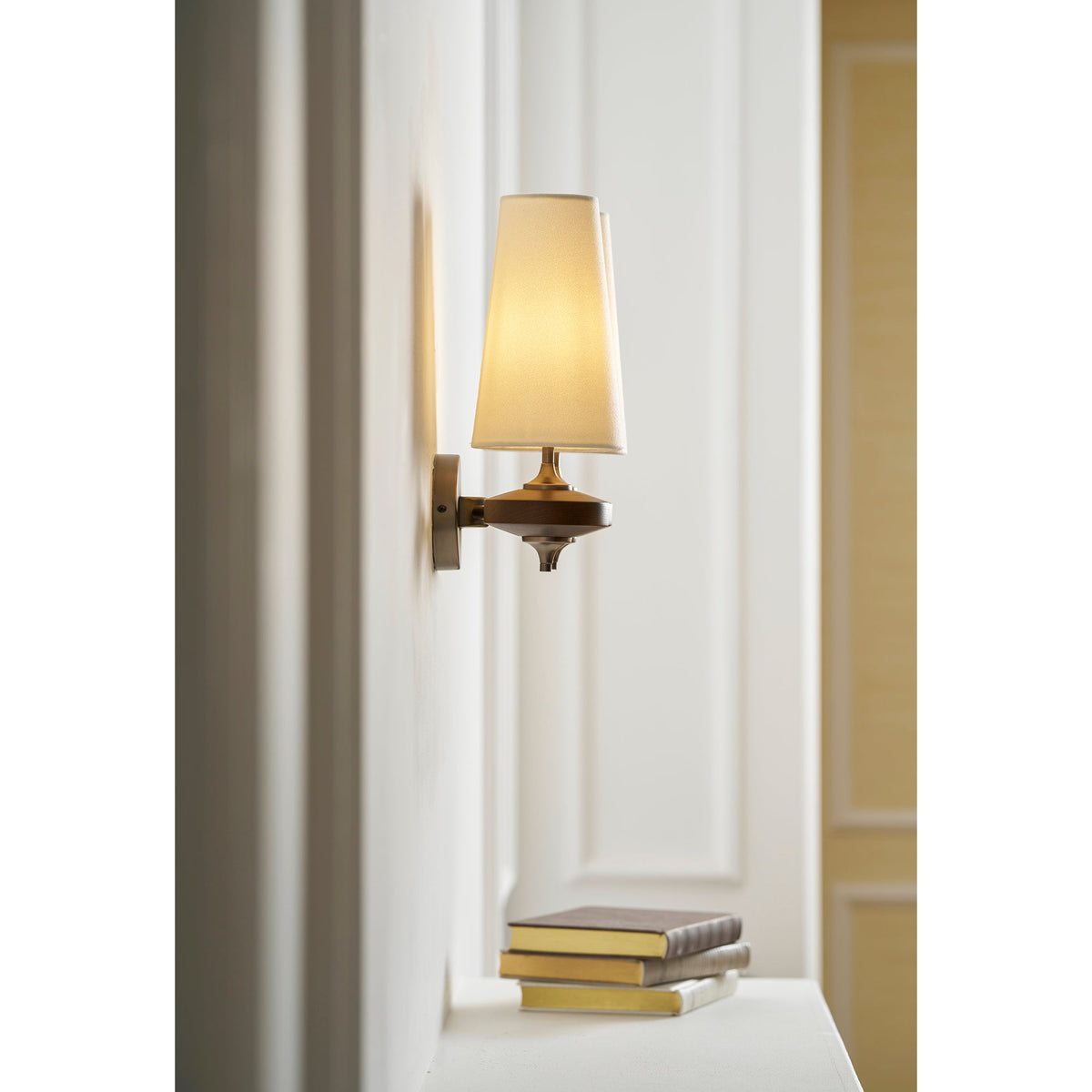 Walnut and Brass Wall Lamp with Linen Shade – image 26
