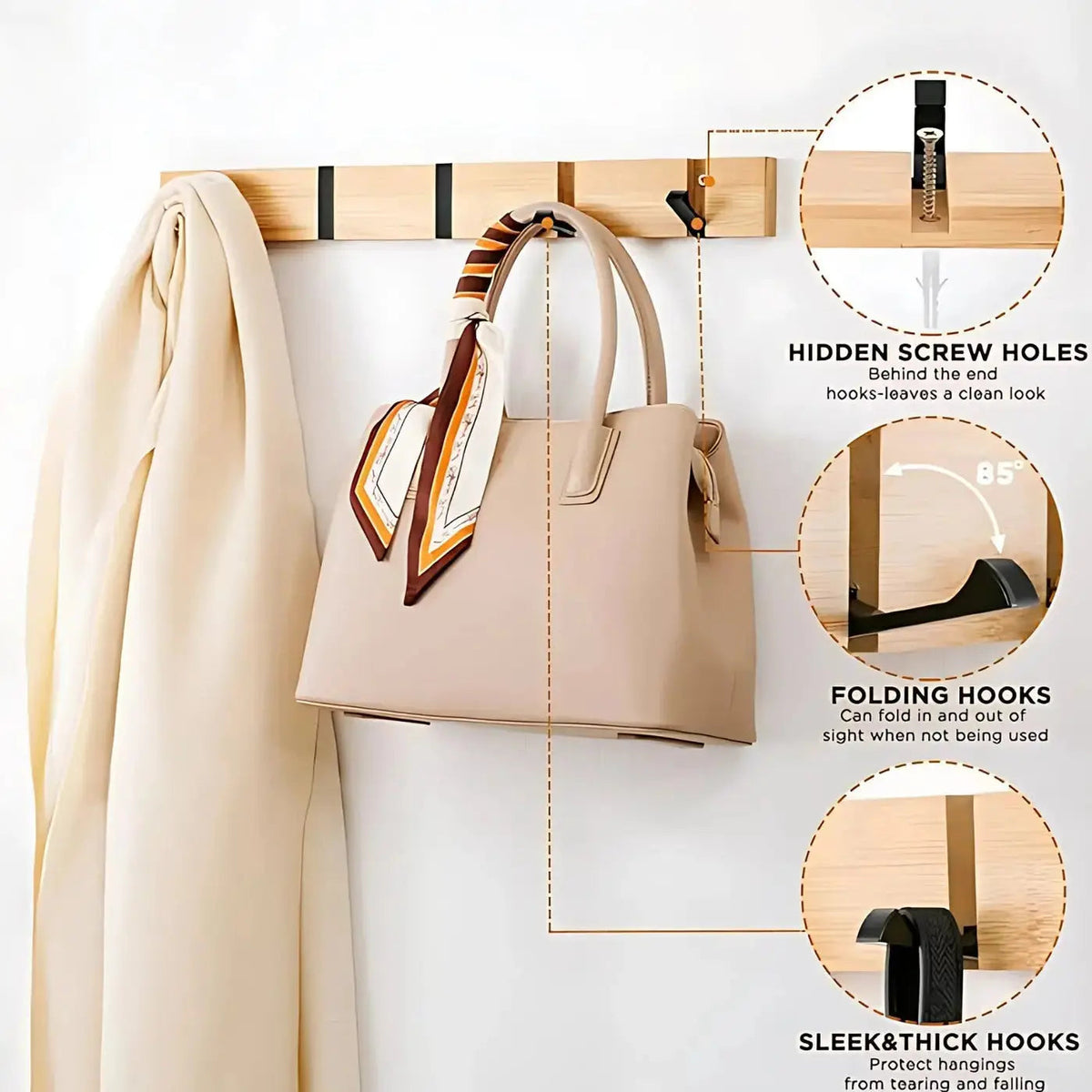 Wooden Wall Mounted Coat Rack with Flip Hooks