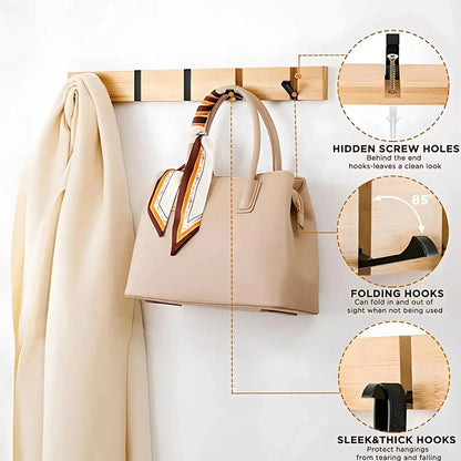 Wooden Wall Mounted Coat Rack with Flip Hooks