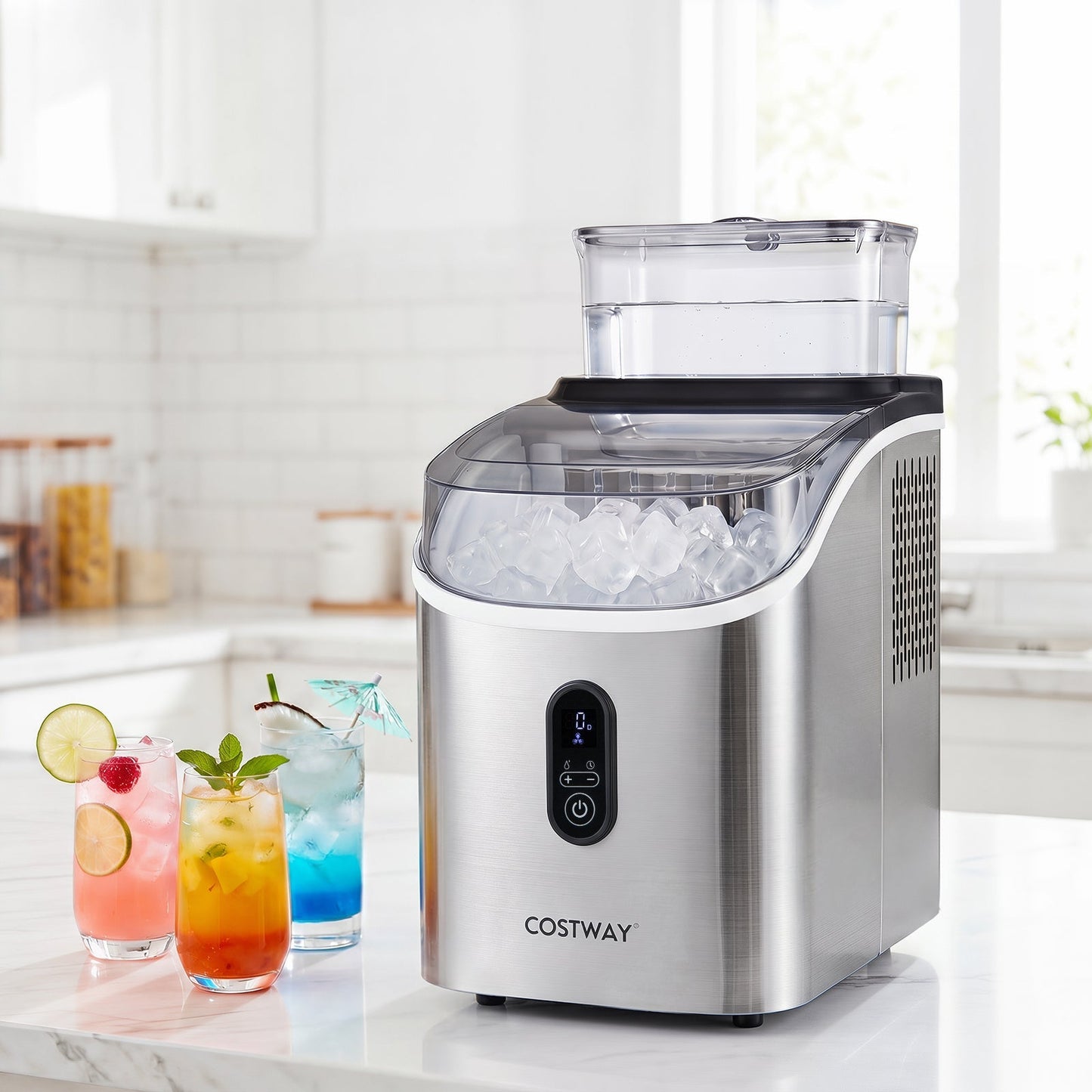 Ice Cube Maker Countertop w/ External Tank & Self-Cleaning 13 Thickness Levels-