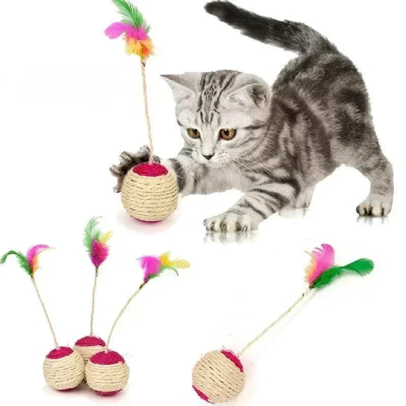 Sisal Cat Toy Ball with Feathers - Scratch & Play