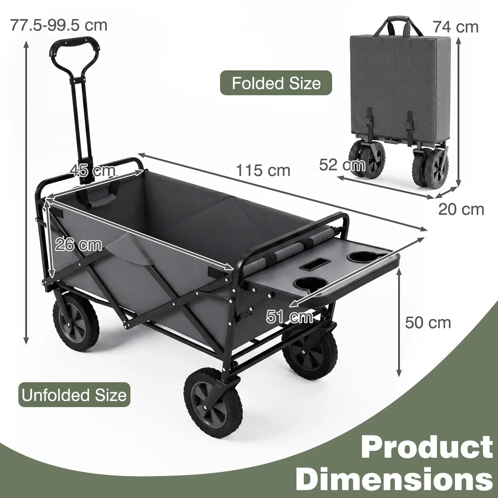 95L Collapsible Wagon Cart with Cup Holders – 150kg Capacity