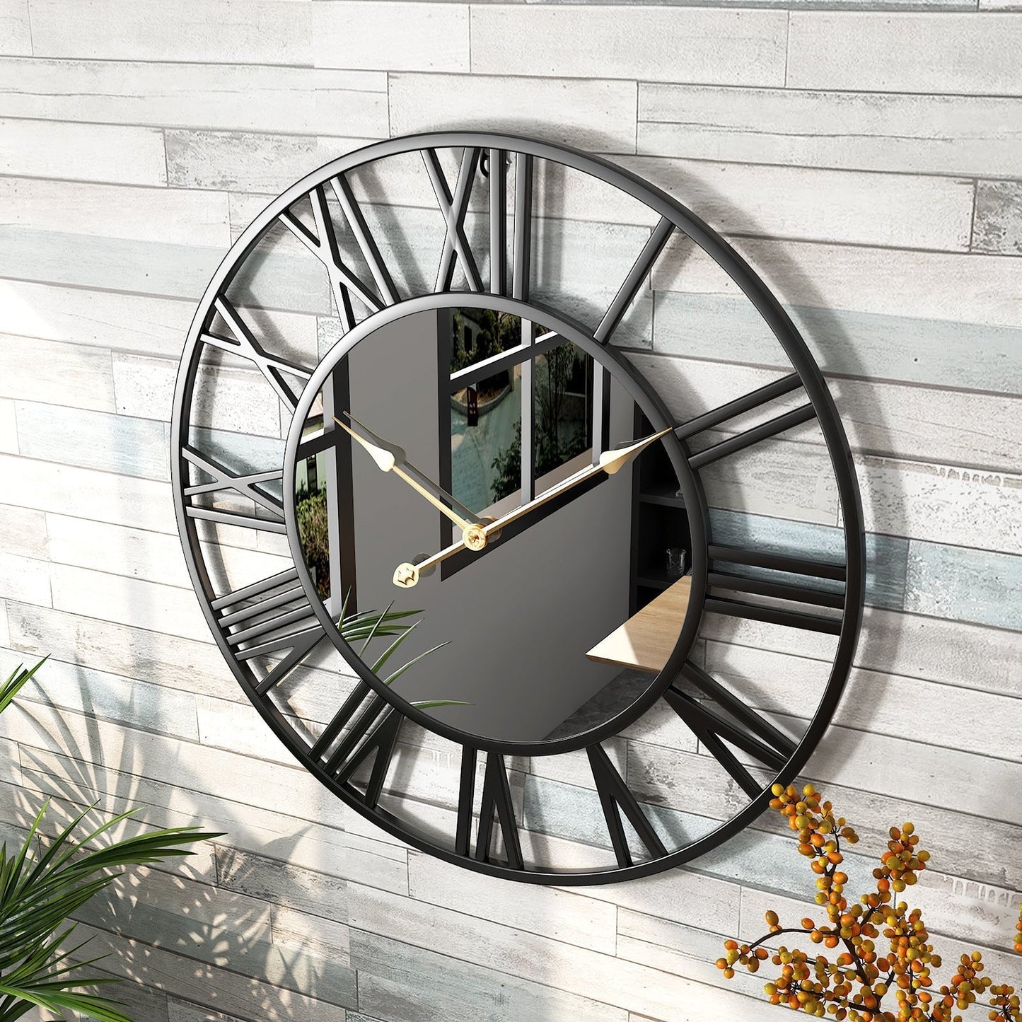 Vintage Metal Wall Clock with Mirror 39cm Large