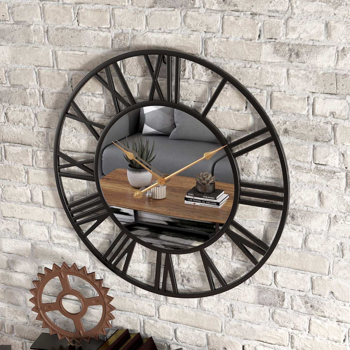 Vintage Metal Wall Clock with Mirror 39cm Large