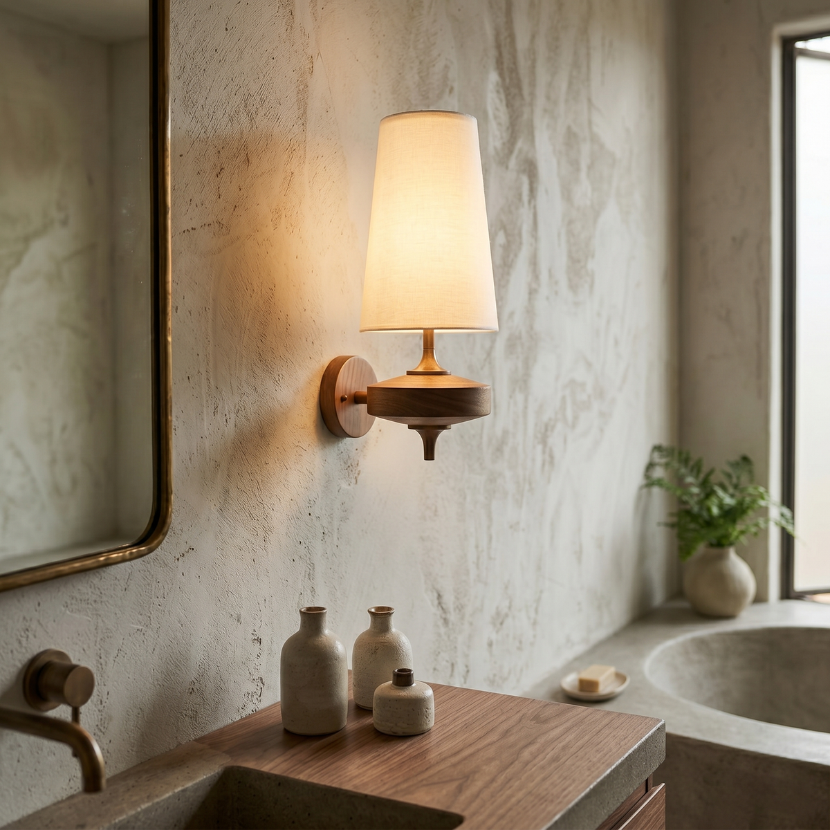 Walnut and Brass Wall Lamp with Linen Shade – image 6