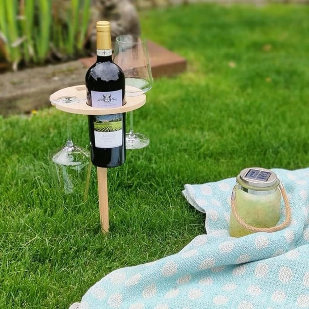 Outdoor wooden wine table with ground spike for garden