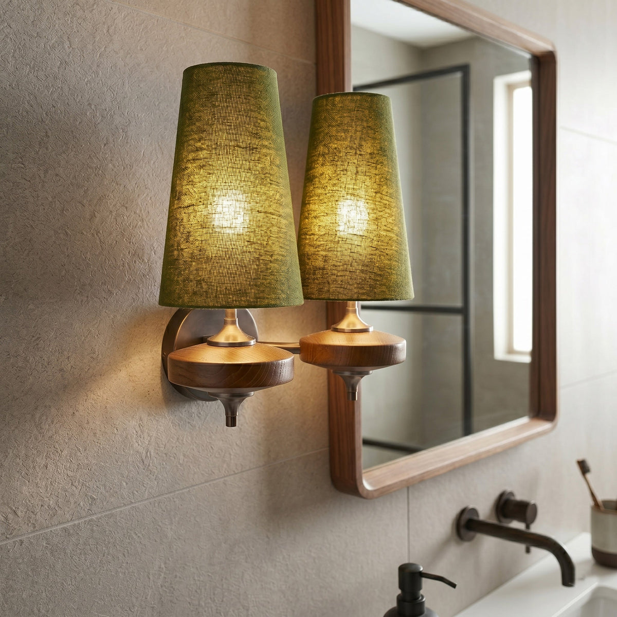 Walnut and Brass Wall Lamp with Linen Shade – image 25