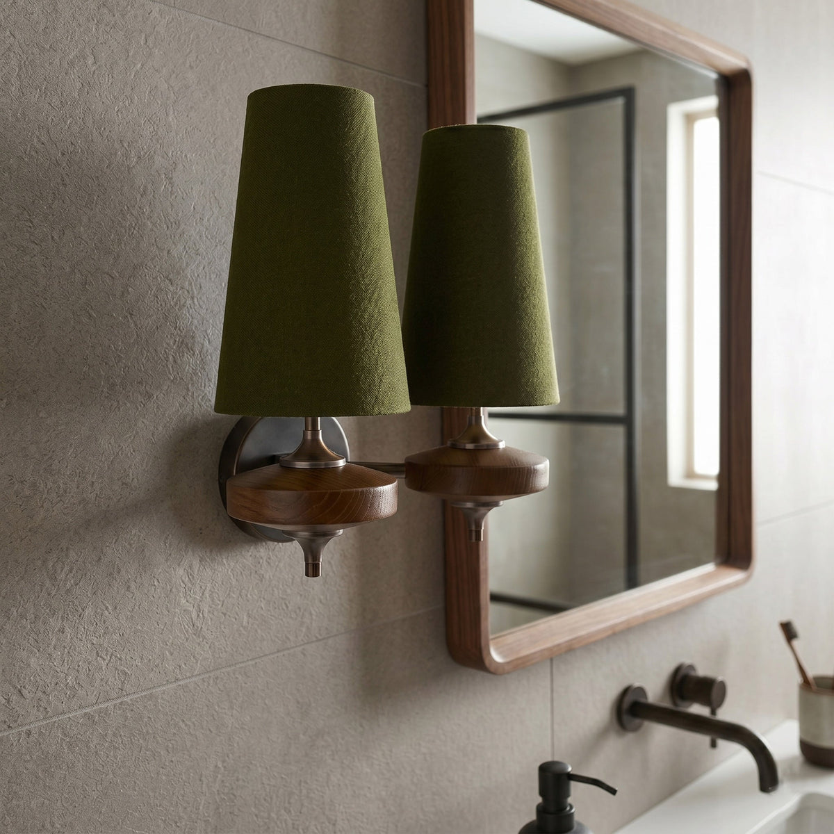 Walnut and Brass Wall Lamp with Linen Shade – image 24