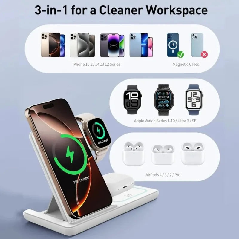 Foldable 3-in-1 Wireless Charging Stand with LED Light