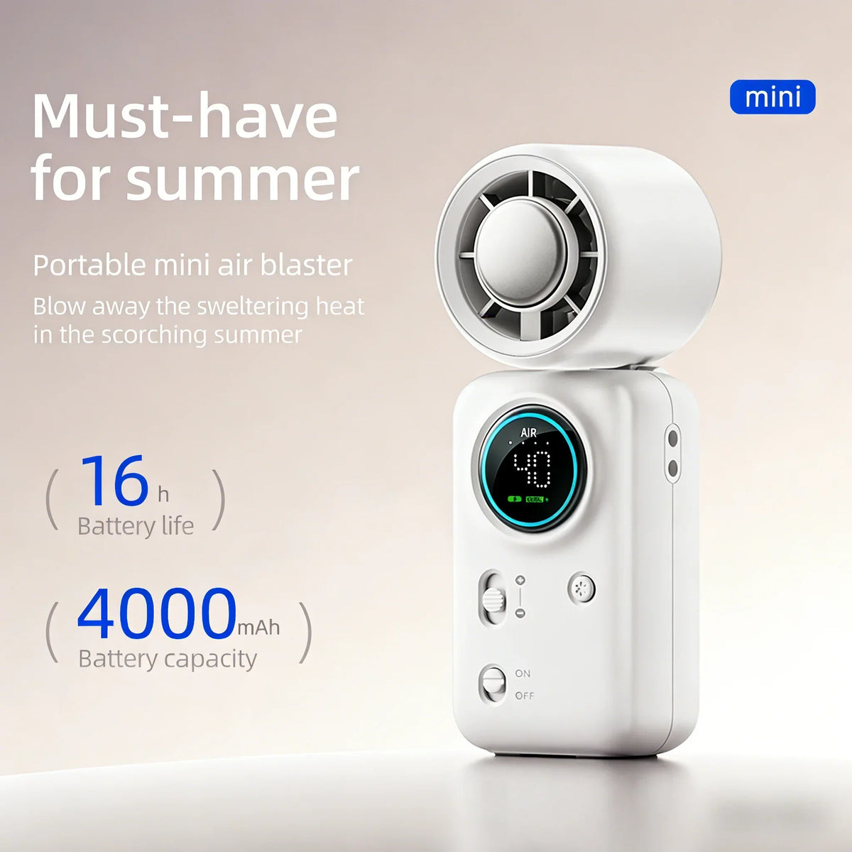 USB-Rechargeable Mini Fan with 100 Speeds and LED Display
