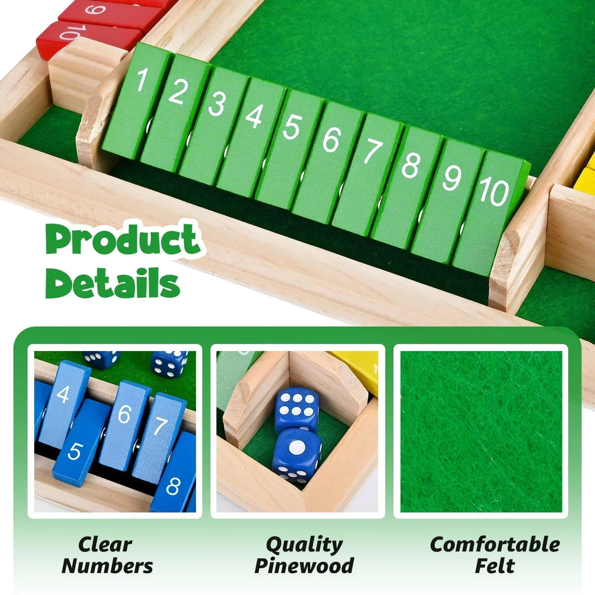 Wooden Shut the Box Dice Game for 2–4 Players