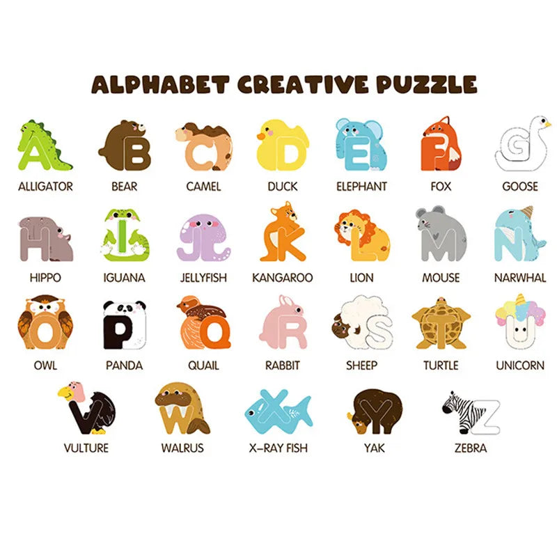 Wooden Alphabet Puzzle with 26 Animal-Shaped Letters