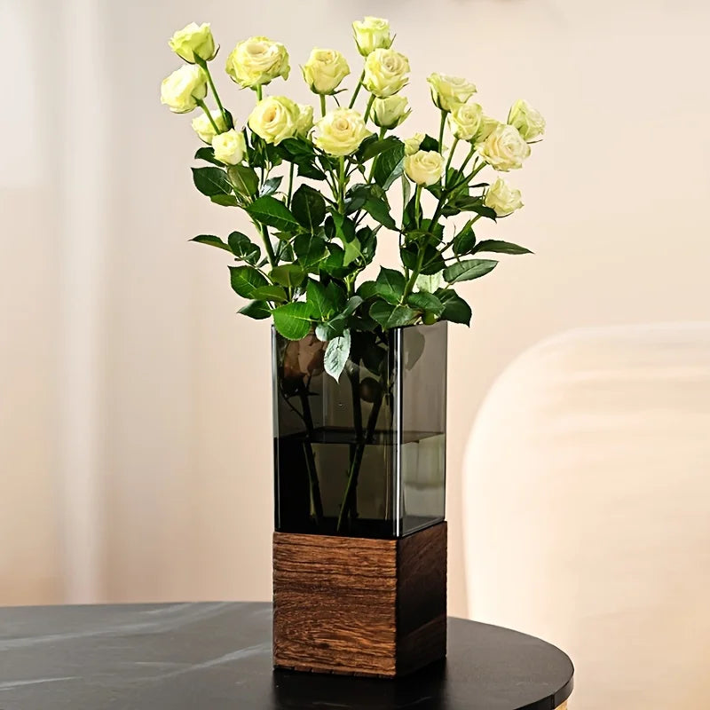 Square Wooden-Base Acrylic Vase