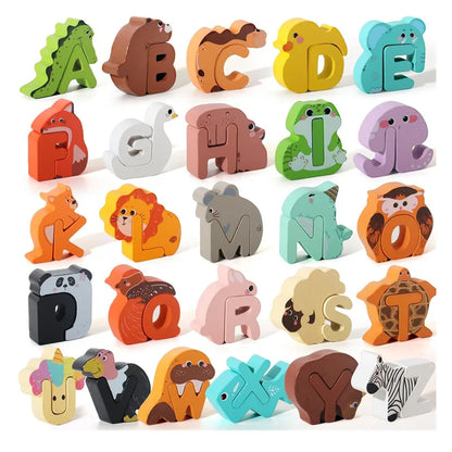Wooden Alphabet Puzzle with 26 Animal-Shaped Letters