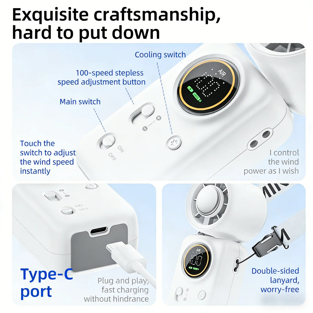 USB-Rechargeable Mini Fan with 100 Speeds and LED Display