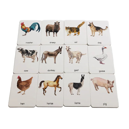 Montessori Farm Animal Three-Part Cards with Bamboo Tray