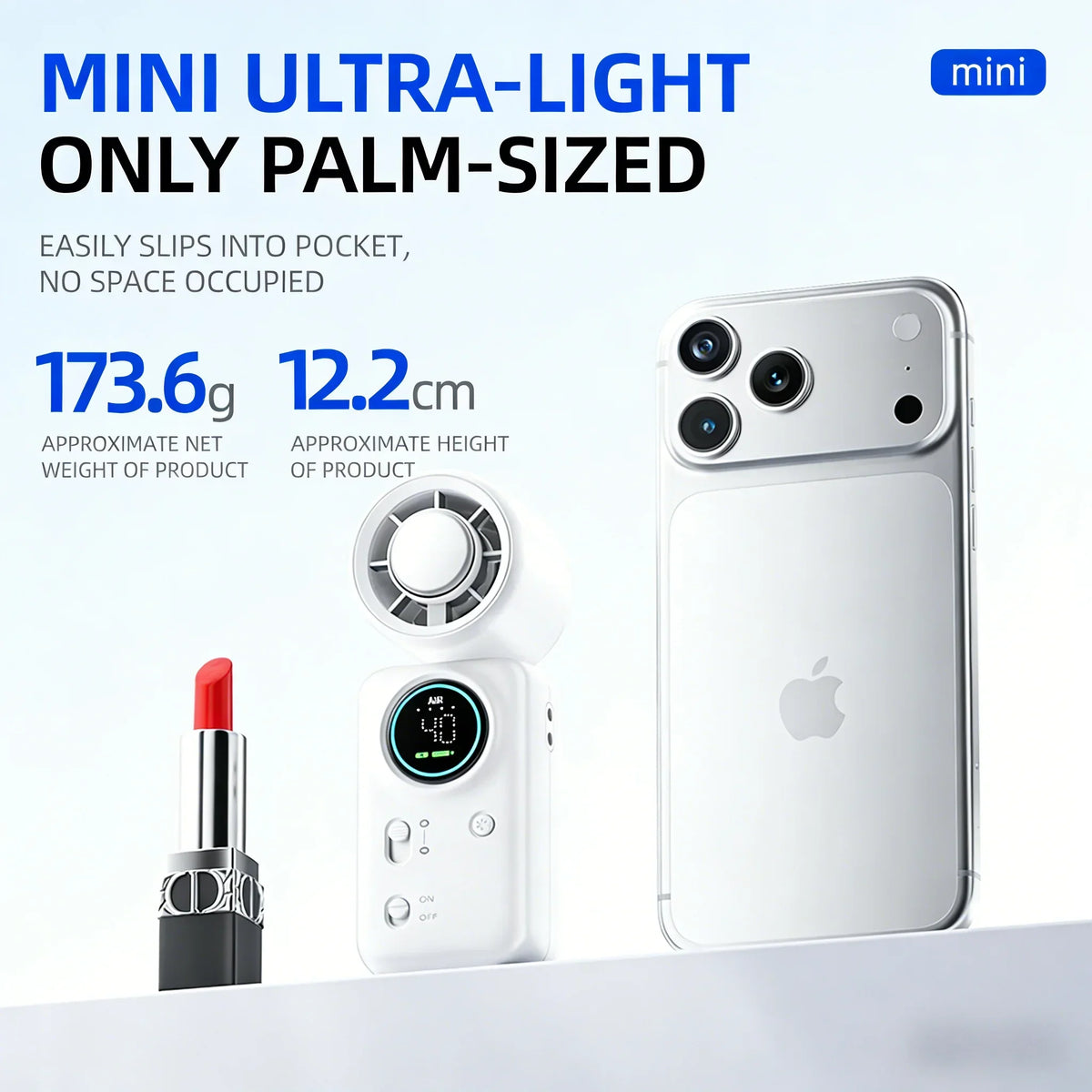 USB-Rechargeable Mini Fan with 100 Speeds and LED Display