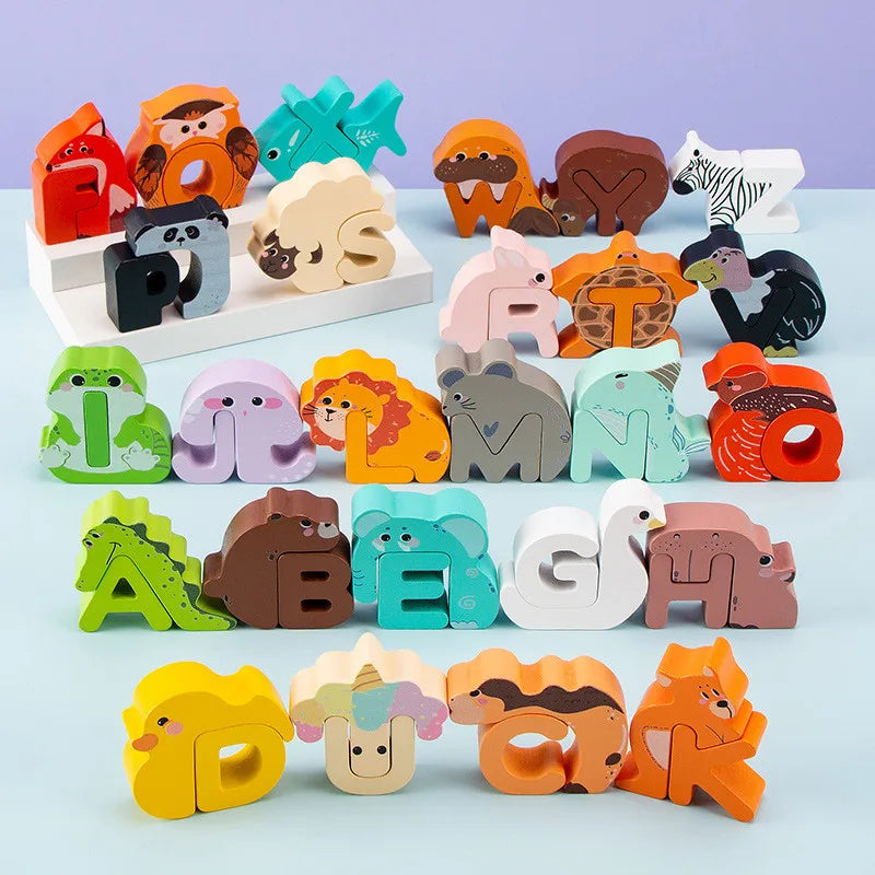 Wooden Alphabet Puzzle with 26 Animal-Shaped Letters