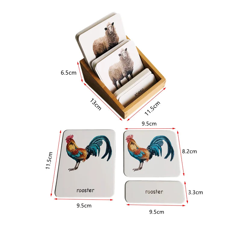 Montessori Farm Animal Three-Part Cards with Bamboo Tray