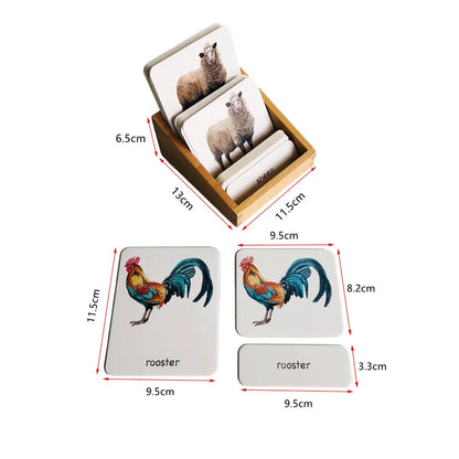Montessori Farm Animal Three-Part Cards with Bamboo Tray
