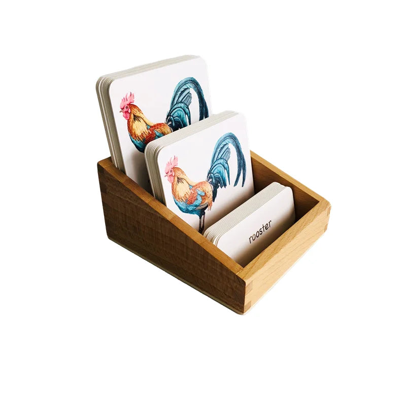 Montessori Farm Animal Three-Part Cards with Bamboo Tray