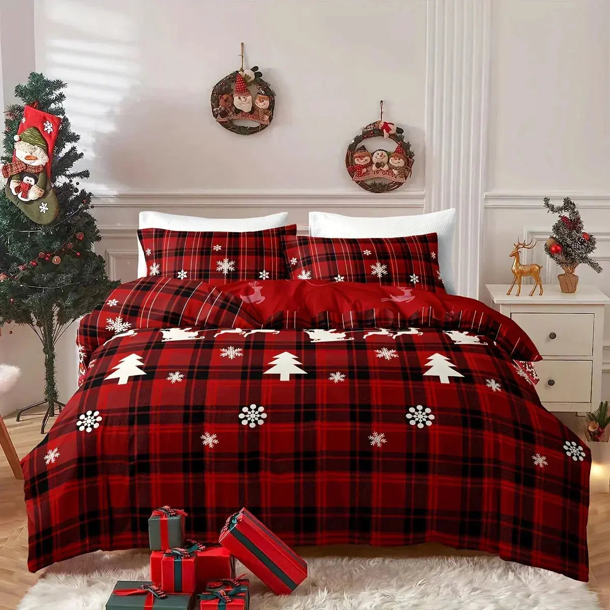 Christmas Checkered Elk Duvet Set – 3 Pieces