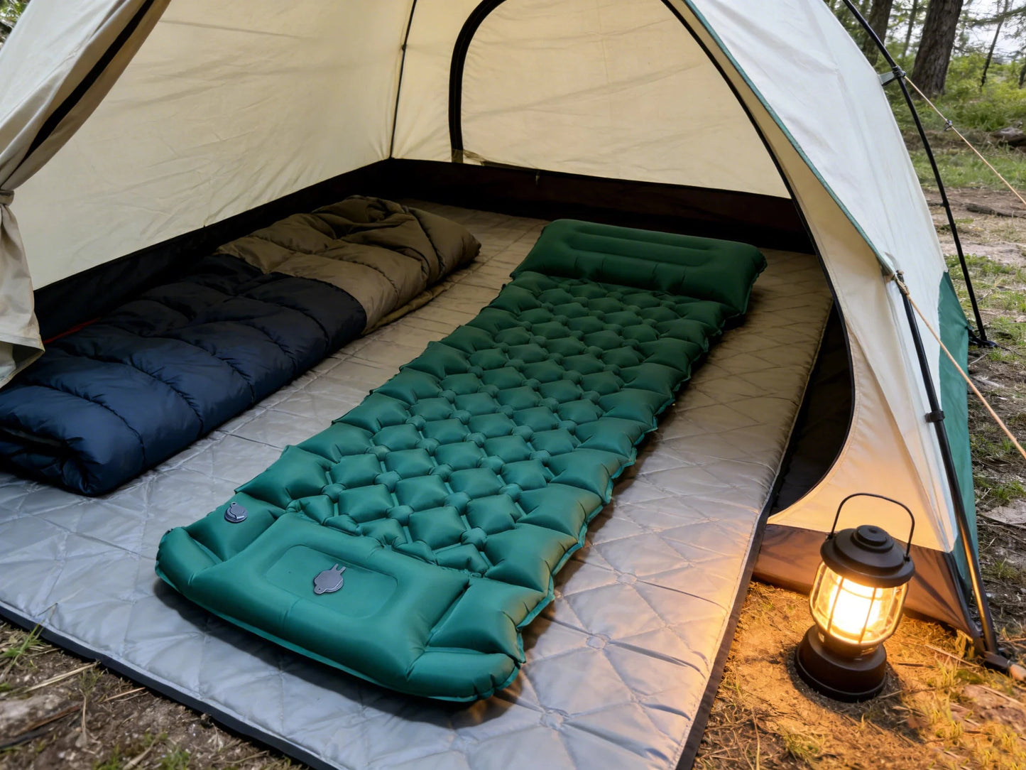 Inflatable camping mattress with pillow and pump 203 cm