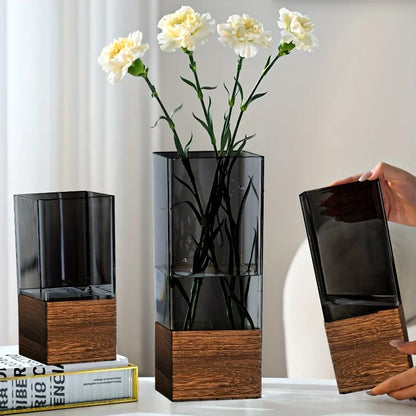 Square Wooden-Base Acrylic Vase
