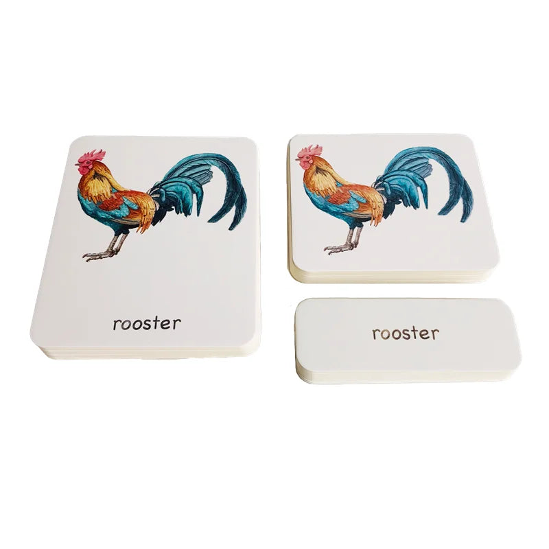 Montessori Farm Animal Three-Part Cards with Bamboo Tray