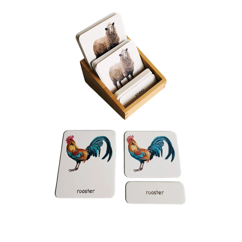Montessori Farm Animal Three-Part Cards with Bamboo Tray