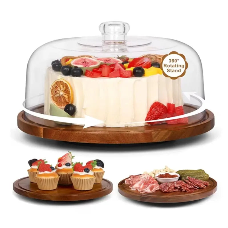 Rotating Wooden Cake Stand with Optional Dome Lid
