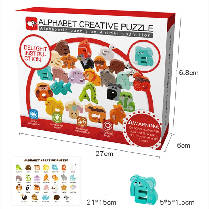 Wooden Alphabet Puzzle with 26 Animal-Shaped Letters